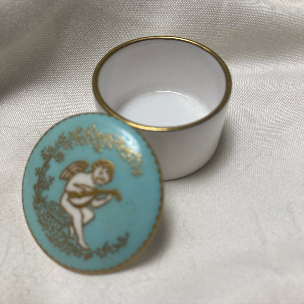 Vintage Spode Fine Bone China Trinket Box Cherub teal and gold Floral Pattern.